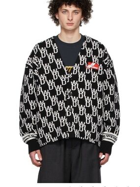 We11done Black & White Monogram Cardigan with Red Patch